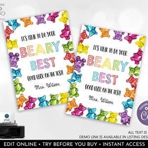 Editable Good Luck Test Day Tag Gummy Bears Treat Tag Teacher School Classroom Do Your BEARY Best Finals Exam Testing Day Snack Tags GLT