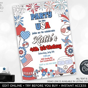 Editable 4th of July Birthday Party Invitation Groovy Retro Party In The USA Invite Red White and Groovy  Party Digital Instant Download FJY