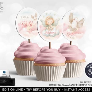 Baptism Cupcake Toppers Editable Girl Baptism Favor Tags Baptism Labels Baptism Party Decor Printable Custom Download Template Corjl 1-CBT