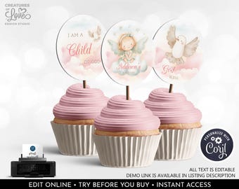 Baptism Cupcake Toppers Editable Girl Baptism Favor Tags Baptism Labels Baptism Party Decor Printable Custom Download Template Corjl 1-CBT