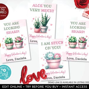 Editable Succulent Valentine's Day Cards Cactus Valentines Card School Kids Cards Classroom Exchange Printable Personalized Valentine Tag VL