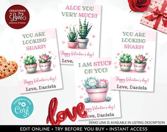 May include: A set of Valentine's Day cards with watercolour illustrations of succulents in pots. The cards feature phrases such as "Aloe You Very Much" and "You Are Looking Sharp!" with the text "Happy Valentine's Day!" and "Love, Daniela".