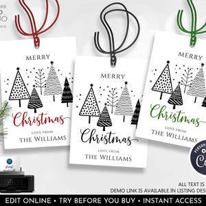 Editable Christmas Gift Tags B&W Minimalist Christmas Tag Christmas Tree Gift Labels Holiday Favor  Tag Template Download Printable Corjl CH