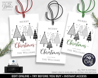 May include: Three printable Christmas gift tags with black and white stylized illustrations of Christmas trees. The tags have the text "Merry Christmas" and "Love from The Williams".