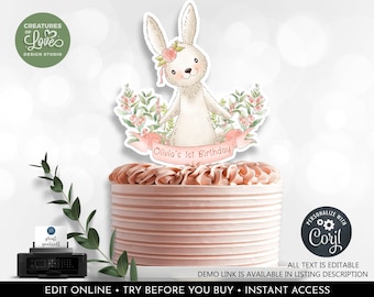 Bunny Cake Topper Editable Some Bunny is One Centerpieces Bunny Birthday Party Decor Printable Custom Digital Download Template Corjl BBG1