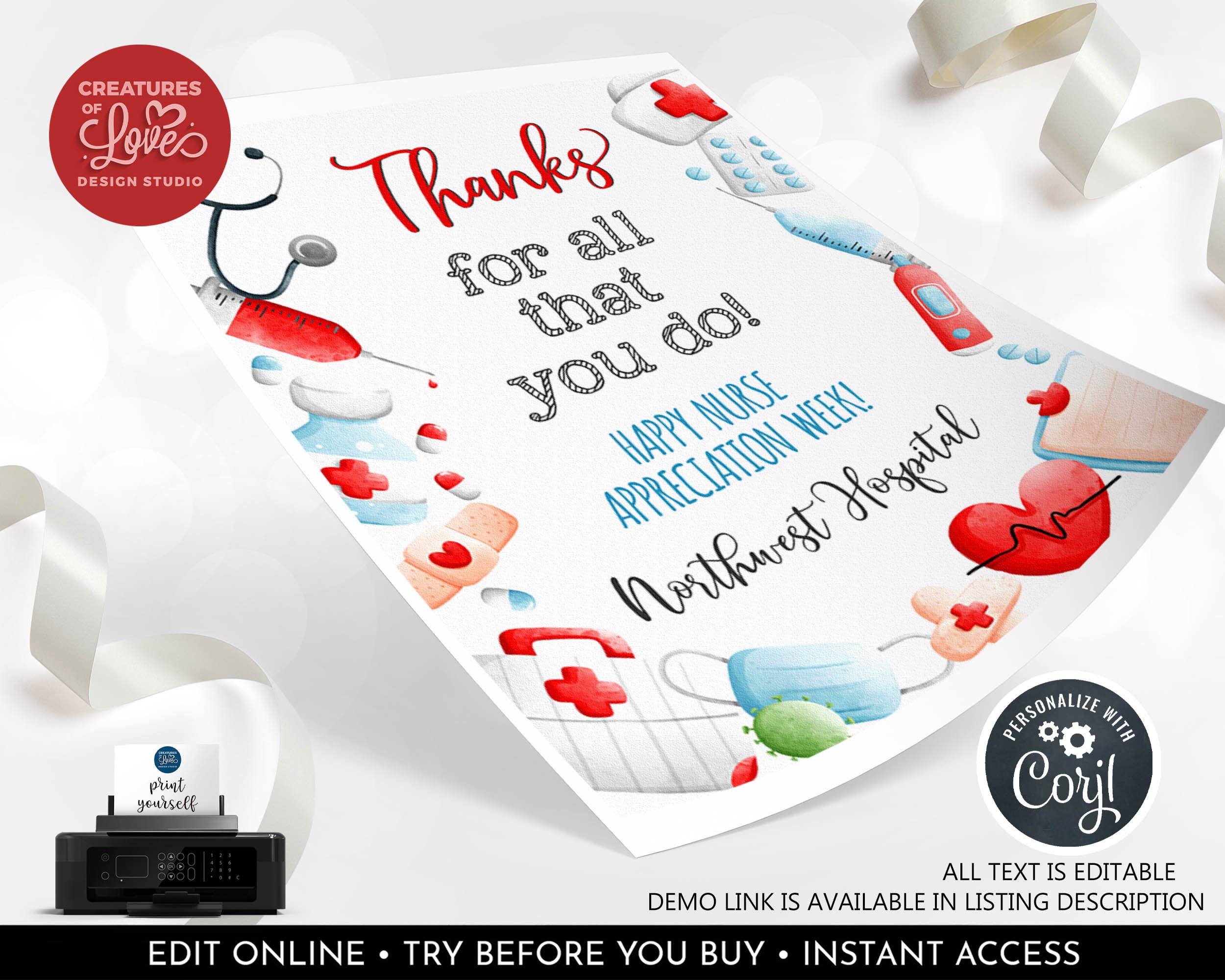 Editable Nurse Appreciation Sign Healthcare Hospital Staff Thank You ...