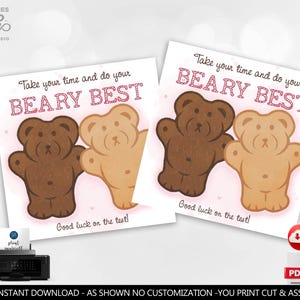 Op de afbeelding: Twee wenskaarten met berenillustraties. De kaarten hebben de tekst "Take your time and do your BEARY BEST" in roze. De kaarten hebben ook de tekst "Good luck on the test!" onderaan. De kaarten zijn een PDF direct download.