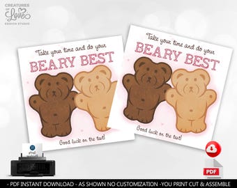 Do Your Beary Best On The Test Testing Day Tags Bear Graham Crackers Final Exam Snack Student School Test Taking Good Luck Gift Tags GLT
