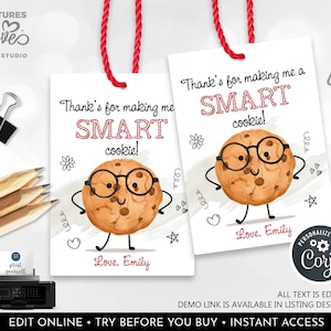 EDITABLE Smart Cookie Gift Tag Teacher Appreciation Employee Staff Boss Student School PTA Volunteer Principal Chocolate Chip Cookie Tags SA