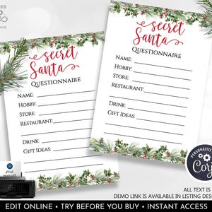 Editable Secret Santa Gift Exchange Card Secret Santa Wish List Questionnaire Holiday Party Christmas Gift List Printable Template Corjl CH