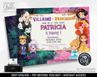 Princess and Villains Invitation Editable Princess Witches Birthday Party Invitation Princess Halloween Template Corjl Digital Download DPV