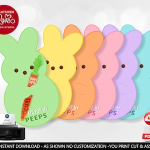 May include: Five printable Easter bunny cards with a carrot and the text "Treats for my peeps". The bunnies are in different colors: green, yellow, orange, pink, and blue.