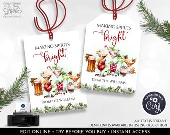 May include: Two white gift tags with red string attached. The tags feature a watercolor illustration of cocktails and the text "Making Spirits Bright" with a personalized name. The text "From the Williams" is printed below the illustration.