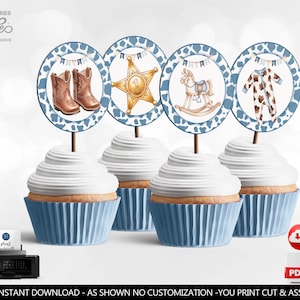 May include: Four cupcakes with blue liners and white frosting, each topped with a cowboy-themed image. The images include cowboy boots, a sheriff's badge, a rocking horse, and a onesie. The cupcake toppers have a blue and white cow print border.