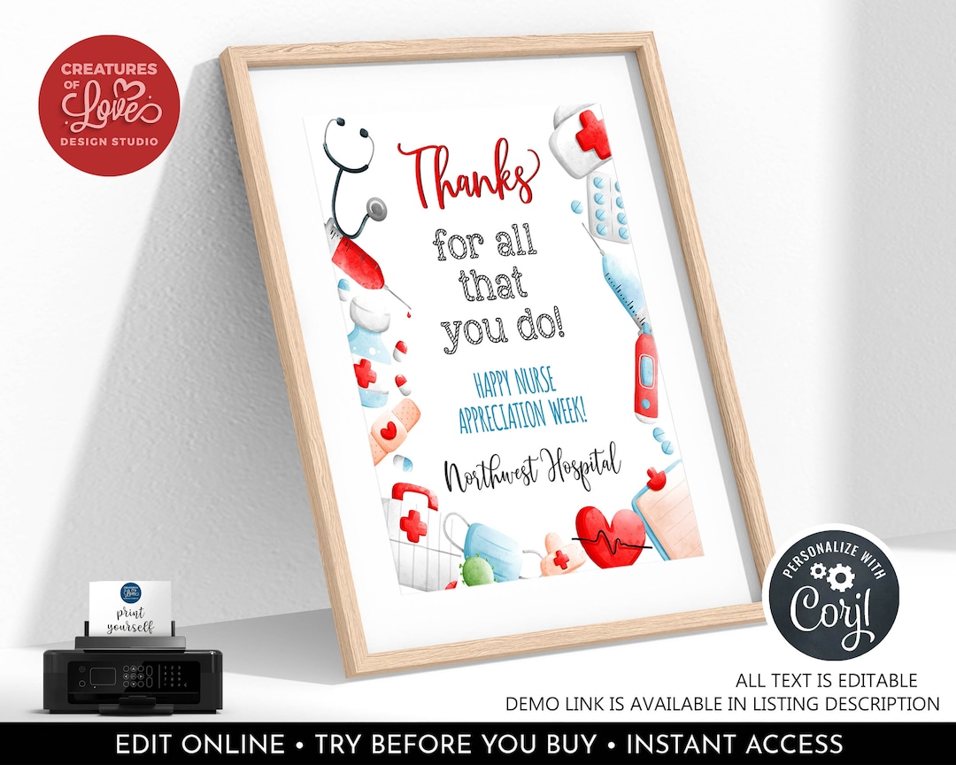 Editable Nurse Appreciation Sign Healthcare Hospital Staff Thank You ...