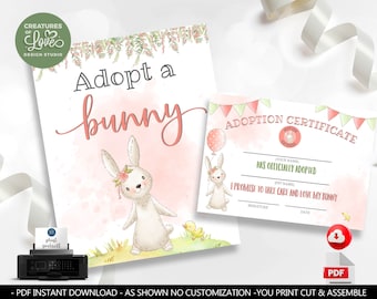 Adopt a Bunny Birthday Sign Bunny Table Sign Printable Bunny Adoption Certificate Some Bunny Adoption Party Game Rabbit Birthday Party BBG1