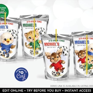 Soccer Juice Pouch Labels Editable Football Soccer Birthday Party Favor World Cup Futbol Soccer Treats Printable Digital Download Corjl FB26