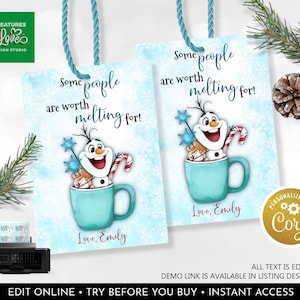 Editable Hot Chocolate Christmas Gift Tag Some people are worth melting for Olaf Favor tag Hot Cocoa Snowman Holiday Tag Digital Download CH