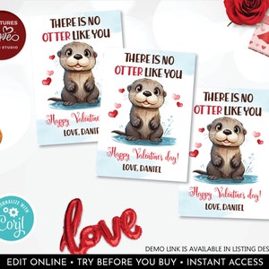No Otter Like You Valentine's Day Cards Cute Otter Valentines Day School Kids Cards Classroom Exchange Editable Valentine's Day Tag VL