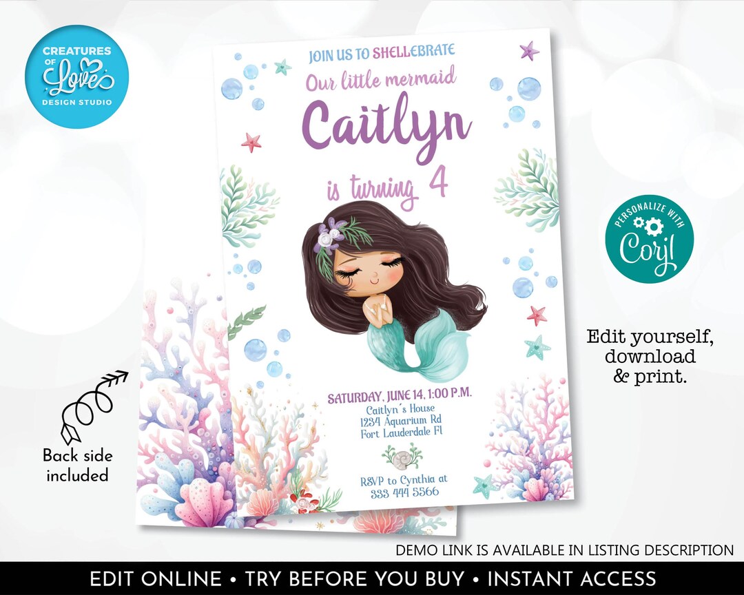 Editable Mermaid Birthday Party Invitation Mermaid Pool