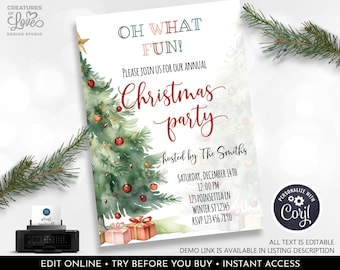 May include: A Christmas party invitation with a watercolor illustration of a Christmas tree with red ornaments and presents. The text reads "Oh What Fun! Please join us for our annual Christmas party hosted by The Smiths. Saturday, December 14th 12:00 PM 123 Poinsettia Ln Winter St 12345 RSVP 123 456 7890".