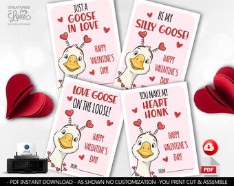 Silly Goose Valentine's Day Cards Goose Valentines Tags School Classroom Kids Valentines Funny Goose Exchange Cards Download Printable VL