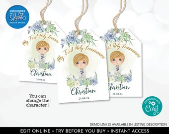 May include: Three printable gift tags with a watercolor design featuring a boy in a suit, a cross, and succulents. The text on the tags reads "My First Holy Communion" and "Christian" with a date. You can change the character.