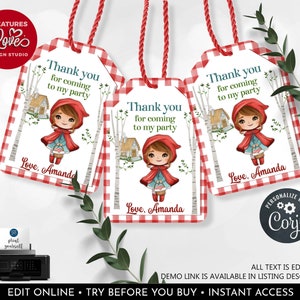 Little Red Riding Hood Favor Tag Editable Red Riding Hood Gift Tags Birthday Party Labels Printable Digital Download Template Corjl RRH