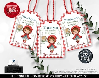 Little Red Riding Hood Favor Tag Editable Red Riding Hood Gift Tags Birthday Party Labels Printable Digital Download Template Corjl RRH