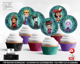 Villains Cupcake Toppers Halloween Witches Cupcake Toppers Villains Birthday Party Favor Tags Table Decor Digital Download PRINTABLE DWV