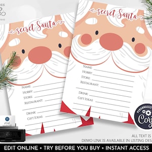 Editable Secret Santa Gift Exchange Card Secret Santa Wish List Questionnaire Christmas Party Gift List Holiday Printable Template Corjl CH