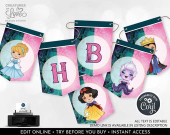 Princess & Villains Pennant Banner Editable Royal Princess and Villains Birthday Party Decor Printable Digital Download Template Corjl DPV
