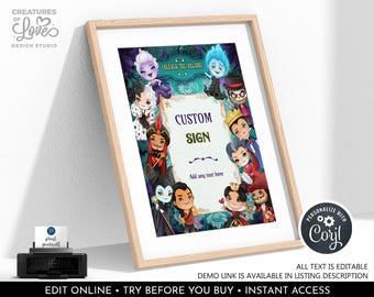 Editable Villains Custom Sign Villains Birthday Party Decor Evil Characters Poster Board Villains Table Sign Template Printable Corjl DWV
