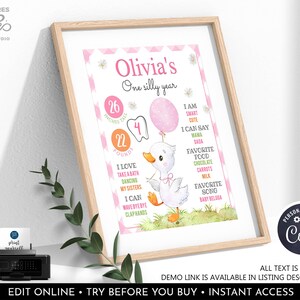 One Silly Goose Birthday Milestone Sign Editable Goose 1st Birthday Pink Girl First Year Stats Poster Farm Digital Template Printable OSG