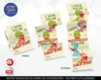 Dinosaur Valentine's Day Cards Kids Valentines Tag Classroom Exchange School Teacher You are Dino-mite T-rex Valentine Download Printable VL