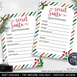 Editable Secret Santa Gift Exchange Cards Secret Santa Wish List Questionnaire Holiday Party Christmas Gift List Printable Template Corjl CH