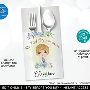 First Holy Communion Silverware Cutlery Holders Editable Flatware Bag Utensils Paper Pouch Place Cards Party Table Decor Download Corjl HFC