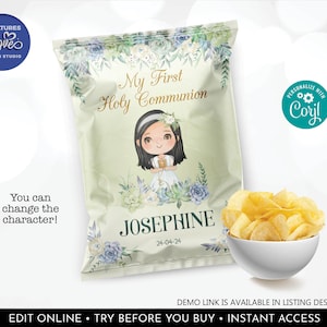 May include: A printable chip bag design for a First Holy Communion. The design features a watercolor background with a girl in a white dress and a floral crown. The text "My First Holy Communion" is written in gold lettering. The bag is personalized with the name "Josephine" and the date "24-04-24".
