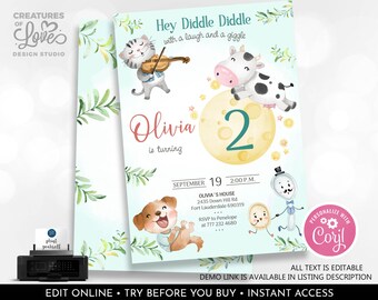 May include: A blue and green invitation with a watercolor design featuring a cat playing the violin, a cow jumping over the moon, and a dog with a magnifying glass. The text reads "Hey Diddle Diddle with a laugh and a giggle Olivia is turning 2 September 19 2:00 P.M. Olivia's House 2435 Down Hill Rd Fort Lauderdale 690319 RSVP to Penelope at 777 232 4680 Personalize with Coril All text is editable Demo link is available in listing description Edit online try before you buy instant access".