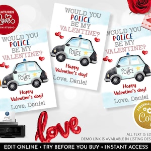 Police Valentine's Day Cards Would you Police be my Valentine School Kids Cards Classroom Exchange Editable Valentine's Day Tag VL