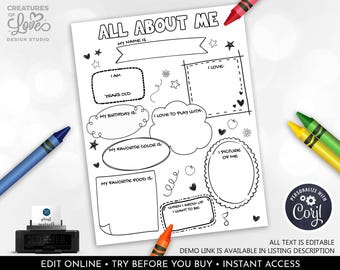 Editable All about me Coloring Page First Day School Activity All About My Back to School Teacher Worksheet Printable Digital Download BTS