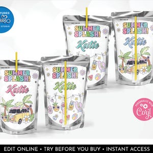 Editable Groovy Juice Pouch Label Summer Birthday Pool Party Favors Hippie Retro Preppy Patch Pad Template Printable Download Corjl RGS