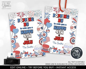 Editable Happy 4th of July Gift Tag Red White and Blue Favor Tags Retro Groovy Popping By Tag Fireworks Independence Day Tag Printable FJY