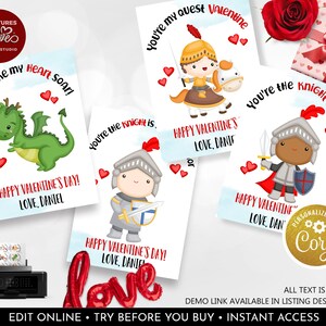 Editable Valentines Day Card Knights and Dragons Valentine's Kids Cards Classroom School Teacher Exchange Printable Valentines Day Tags VL