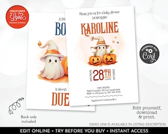 May include: Halloween themed baby shower invitation with a cute ghost wearing a witch hat and holding a pumpkin. The invitation says "Please join us for a baby shower honoring Karoline" and includes the date, time, and location of the event.