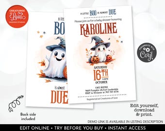 May include: A printable baby shower invitation featuring a cute cartoon ghost wearing a witch's hat and holding a pumpkin. The text reads "A Little Boo is Almost Due" and "Karoline".