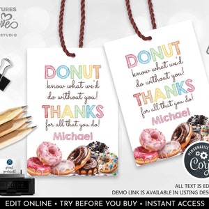 EDITABLE Donut know what we'd do Tag Donut Teacher Appreciation Employee Staff Boss Student School PTA Volunteer Principal Donut Gift Tag SA