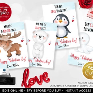 Editable Valentines Day Card Cute Artic Animals Kids Cards Classroom School Exchange Printable Penguin Bear Moose Seal Personalized Tag VL