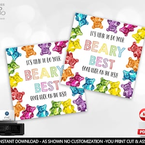 May include: Two square cards with colorful gummy bear borders and the text "It's time to do your BEARY BEST Good luck on the test!". The cards are surrounded by yellow, green, blue, orange, pink, and purple gummy bears.
