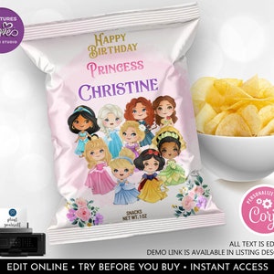 Princess Chip Bag Wrapper Editable Princess Princess Chip Bag Template Princess Birthday Party Favors Printable Digital Download Corjl DPR